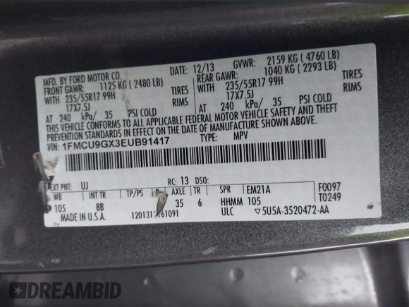 2014 Ford Escape SE with VIN 1FMCU9GX3EUB91417, listed as a IAAI auction lot 42009257 with 87,164 mi miles and . Bid and sale history available at DreamBid. Image 9.