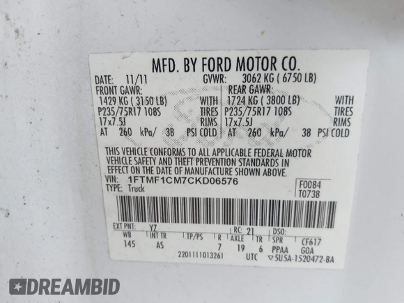 2012 Ford F-150 XL with VIN 1FTMF1CM7CKD06576, listed as a IAAI auction lot 42074226 with 294,349 mi miles. Bid and sale history available at carsss.com. Image 9.