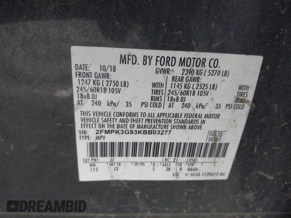 2019 Ford Edge SE с VIN 2FMPK3G93KBB03277, выставлен на аукционе IAAI как лот 41659567 с пробегом 204 704 миль миль и . История ставок и продаж доступна на DreamBid. Изображение 9.
