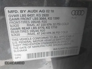 2018 Audi Q7 Premium Plus with VIN WA1LHAF78JD033266, listed as a IAAI auction lot 41749357 with 117,465 mi miles. Bid and sale history available at carsss.com. Image 9.