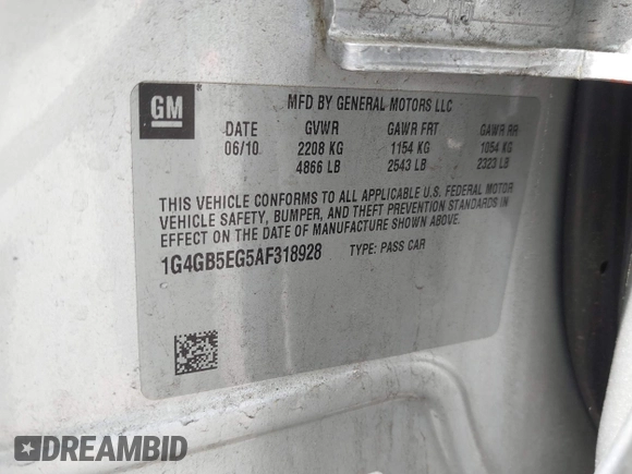 2010 Buick LaCrosse CX with VIN 1G4GB5EG5AF318928, listed as a IAAI auction lot 42127432 with Not Provided miles and . Bid and sale history available at DreamBid. Image 9.