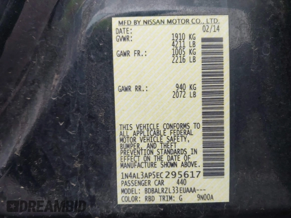 2014 Nissan Altima SV with VIN 1N4AL3AP5EC295617, listed as a IAAI auction lot 41721867 with 170,373 mi miles and . Bid and sale history available at DreamBid. Image 9.