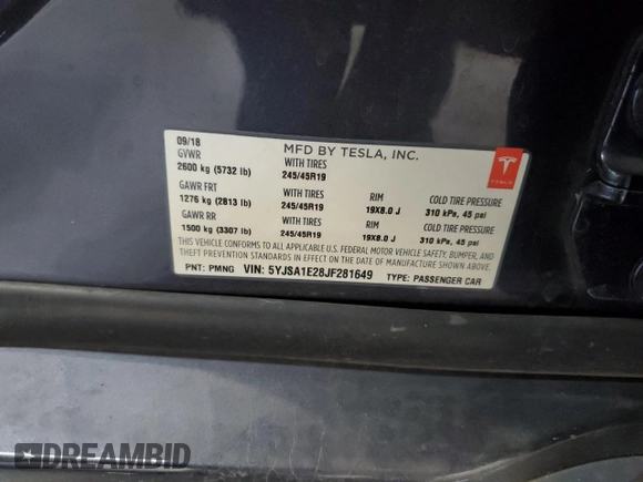 2018 Tesla Model S 75D z VIN 5YJSA1E28JF281649, wystawiony jako Copart lot #62399185 z przebiegiem 93 792 mil mil oraz Szkoda całkowita • Salvage title. Historia ofert i sprzedaży dostępna na DreamBid. Obrazek 13.