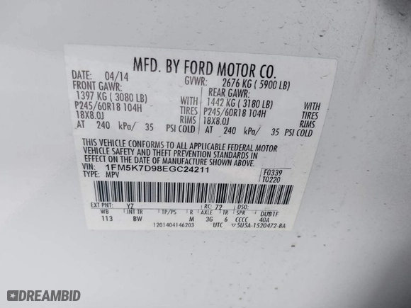 2014 Ford Explorer XLT with VIN 1FM5K7D98EGC24211, listed as a IAAI auction lot 41720341 with 73,903 mi miles. Bid and sale history available at carsss.com. Image 9.