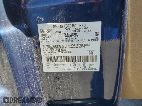 2008 Ford F-150 XLT с VIN 1FTPW12518FA83927, выставлен на аукционе Copart как лот 56245135 с пробегом 153 084 миль миль и Списание • Salvage title. История ставок и продаж доступна на DreamBid. Изображение 12.