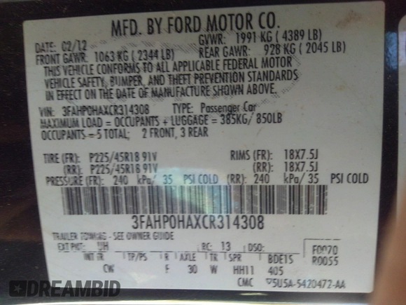 2012 Ford Fusion SE with VIN 3FAHP0HAXCR314308, listed as a IAAI auction lot 41744602 with Not Provided miles and . Bid and sale history available at DreamBid. Image 9.