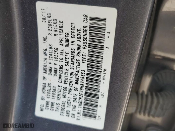 2017 Honda Accord Sedan LX with VIN 1HGCR2F39HA249663, listed as a Copart auction lot 47682125 with 55,093 mi miles and Salvage Title. Bid and sale history available at carsss.com. Image 13.
