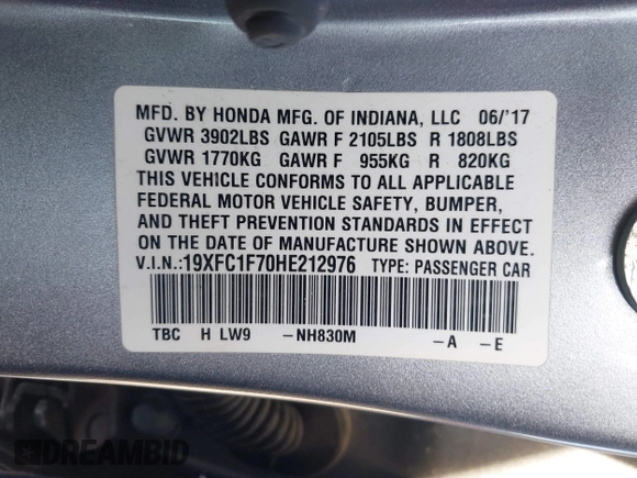 2017 Honda Civic EX-L with VIN 19XFC1F70HE212976, listed as a IAAI auction lot 42083608 with 94,540 mi miles and . Bid and sale history available at DreamBid. Image 9.