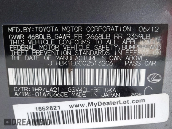 2012 Lexus ES 330 с VIN JTHBK1EG0C2513206, выставлен на аукционе IAAI как лот 42480415 с пробегом 158 342 миль миль и . История ставок и продаж доступна на DreamBid. Изображение 9.