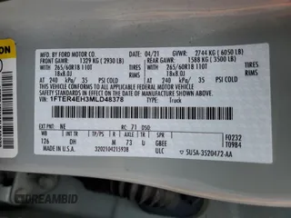 2021 Ford Ranger XL с VIN 1FTER4EH3MLD48378, выставлен на аукционе Copart как лот 55148825 с пробегом 57 427 миль миль и Списание • Salvage title. История ставок и продаж доступна на DreamBid. Изображение 12.