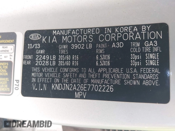2014 Kia Soul with VIN KNDJN2A26E7702226, listed as a IAAI auction lot 42105761 with 146,670 mi miles and . Bid and sale history available at DreamBid. Image 9.