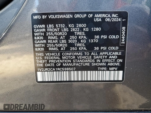 2024 Volkswagen Atlas SE with VIN 1V2JR2CA1RC598507, listed as a Copart auction lot 52904865 with 9,075 mi miles and Salvage title. Bid and sale history available at DreamBid. Image 15.