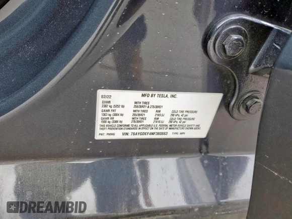 2022 Tesla Model Y Performance with VIN 7SAYGDEF4NF380863, listed as a Copart auction lot 45704715 with 42,600 mi miles and Salvage title. Bid and sale history available at DreamBid. Image 15.
