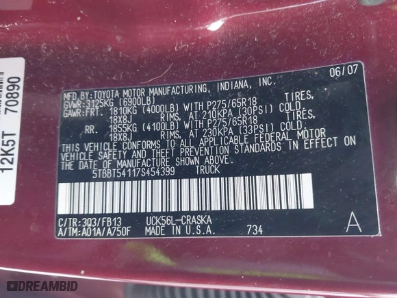 2007 Toyota Tundra SR5 with VIN 5TBBT54117S454399, listed as a IAAI auction lot 41534307 with 149,539 mi miles. Bid and sale history available at carsss.com. Image 9.