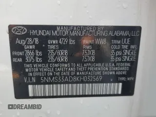 2019 Hyundai Santa Fe SEL with VIN 5NMS33AD8KH032569, listed as a Copart auction lot 53967425 with 71,221 mi miles and Non Repairable. Bid and sale history available at carsss.com. Image 13.