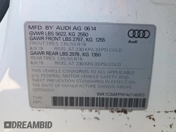 2015 Audi Q5 Hybrid Prestige with VIN WA1C8AFP5FA014053, listed as a Copart auction lot 82100654 with Not provided miles and Salvage title. Bid and sale history available at DreamBid. Image 14.