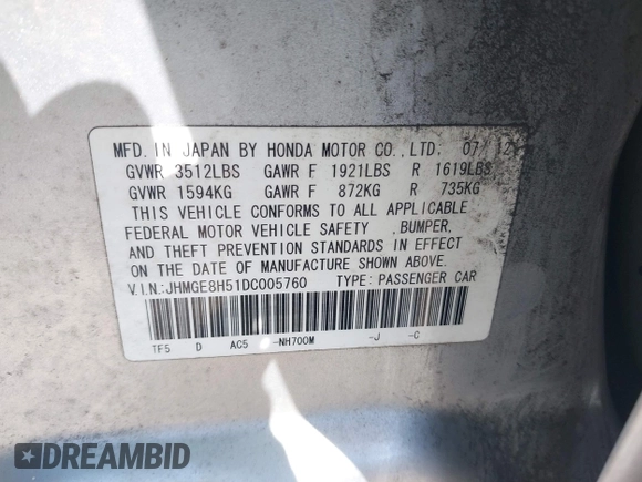 2013 Honda Fit Sport with VIN JHMGE8H51DC005760, listed as a IAAI auction lot 42040427 with 184,375 mi miles. Bid and sale history available at carsss.com. Image 9.