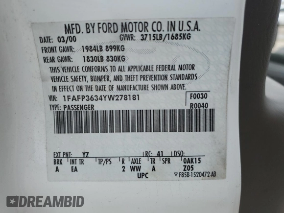 2000 Ford Focus SE with VIN 1FAFP3634YW278181, listed as a Copart auction lot 89372555 with 160,885 mi miles and Salvage Title. Bid and sale history available at DreamBid. Image 12.