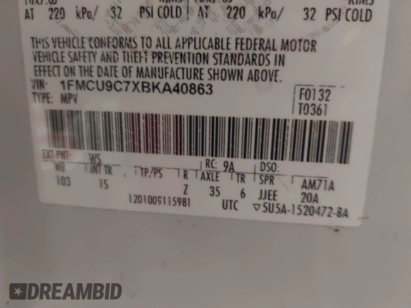 2011 Ford Escape XLS with VIN 1FMCU9C7XBKA40863, listed as a IAAI auction lot 42777301 with 219,848 mi miles and . Bid and sale history available at DreamBid. Image 9.
