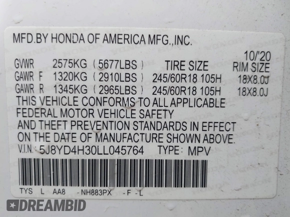 2020 Acura MDX with VIN 5J8YD4H30LL045764, listed as a IAAI auction lot 41697580 with 36,410 mi miles. Bid and sale history available at carsss.com. Image 9.