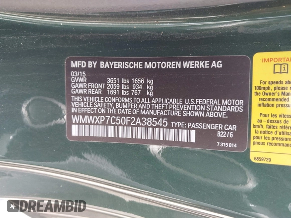 2015 MINI Hardtop S z VIN WMWXP7C50F2A38545, wystawiony jako IAAI lot #42253944 z przebiegiem 74 395 mil mil oraz . Historia ofert i sprzedaży dostępna na DreamBid. Obrazek 9.