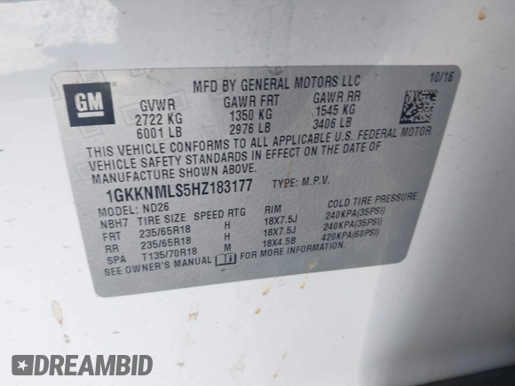 2017 GMC Acadia SLT with VIN 1GKKNMLS5HZ183177, listed as a IAAI auction lot 41753683 with 97,729 mi miles and . Bid and sale history available at carsss.com. Image 9.