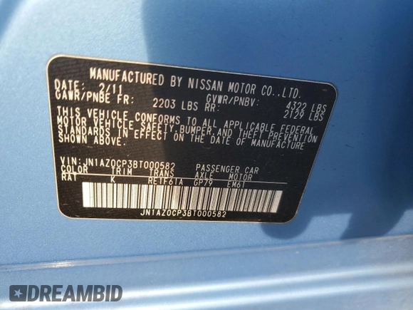 2011 Nissan LEAF SL-e with VIN JN1AZ0CP3BT000582, listed as a Copart auction lot 74951934 with 110,014 mi miles and Clean Title. Bid and sale history available at carsss.com. Image 12.