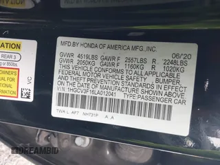 2020 Honda Accord with VIN 1HGCV3F16LA012041, listed as a IAAI auction lot 41501343 with 97,277 mi miles and . Bid and sale history available at DreamBid. Image 9.