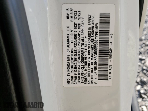 2016 Honda Odyssey SE with VIN 5FNRL5H35GB005538, listed as a Copart auction lot 53326945 with 167,359 mi miles and Salvage Title. Bid and sale history available at DreamBid. Image 13.