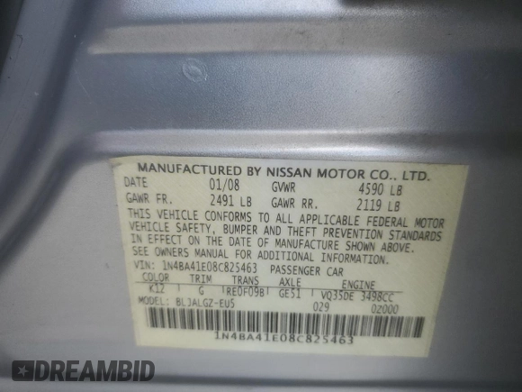 2008 Nissan Maxima 3.5 SE with VIN 1N4BA41E08C825463, listed as a Copart auction lot 60779694 with 143,191 mi miles and Clean Title. Bid and sale history available at carsss.com. Image 13.