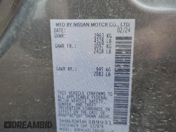 2024 Nissan Altima SV with VIN 1N4BL4DV1RN389931, listed as a Copart auction lot 54575485 with 9,259 mi miles and Salvage title. Bid and sale history available at DreamBid. Image 12.