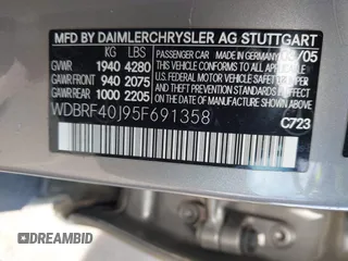 2005 Mercedes-Benz C 230 Kompressor z VIN WDBRF40J95F691358, wystawiony jako IAAI lot #41992861 z przebiegiem Nie podano mil oraz . Historia ofert i sprzedaży dostępna na DreamBid. Obrazek 9.