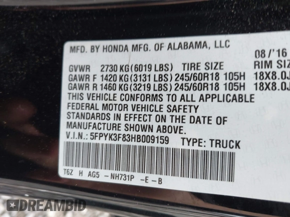2017 Honda Ridgeline Black Edition with VIN 5FPYK3F83HB009159, listed as a IAAI auction lot 41912381 with 73,149 mi miles and . Bid and sale history available at DreamBid. Image 9.