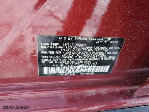 2018 Subaru Crosstrek Premium with VIN JF2GTADC0JH307107, listed as a Copart auction lot 43566855 with 45,603 mi miles and Salvage Title. Bid and sale history available at carsss.com. Image 14.