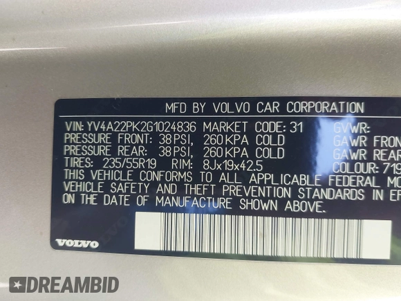 2016 Volvo XC90 T6 Momentum с VIN YV4A22PK2G1024836, выставлен на аукционе IAAI как лот 42038599 с пробегом 85 511 миль миль и . История ставок и продаж доступна на DreamBid. Изображение 9.