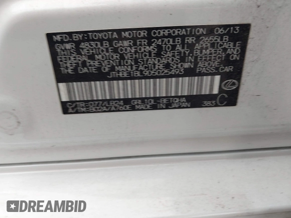 2013 Lexus GS 350 with VIN JTHBE1BL9D5025493, listed as a IAAI auction lot 41745485 with 117,528 mi miles. Bid and sale history available at carsss.com. Image 9.