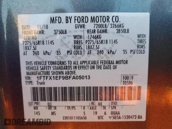 2011 Ford F-150 XL with VIN 1FTFX1EF9BFA05013, listed as a Copart auction lot 54592375 with 144,101 mi miles and Clean Title. Bid and sale history available at carsss.com. Image 12.