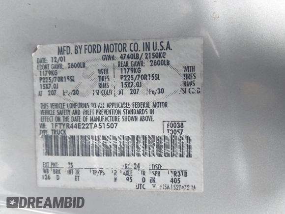 2002 Ford Ranger XLT Appearance with VIN 1FTYR44E22TA51507, listed as a IAAI auction lot 42304209 with 219,186 mi miles and . Bid and sale history available at DreamBid. Image 9.