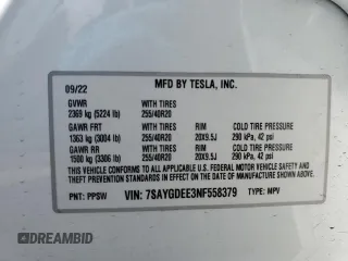 2022 Tesla Model Y Long Range with VIN 7SAYGDEE3NF558379, listed as a Copart auction lot 48594035 with 12,501 mi miles and Salvage Title. Bid and sale history available at carsss.com. Image 12.