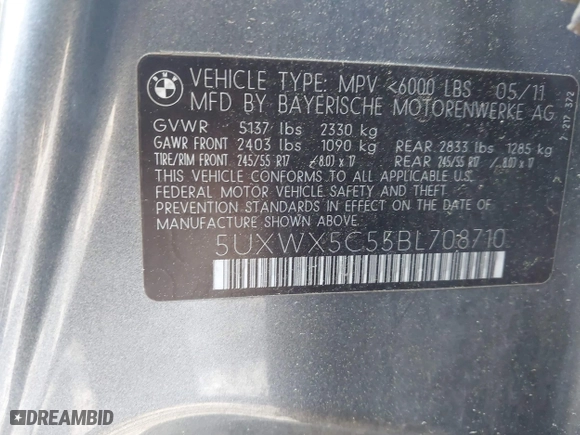 2011 BMW X3 28i with VIN 5UXWX5C55BL708710, listed as a IAAI auction lot 41940504 with 162,240 mi miles. Bid and sale history available at carsss.com. Image 9.