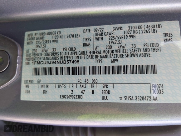 2022 Ford Escape Titanium with VIN 1FMCU9J94NUB57495, listed as a IAAI auction lot 42530044 with 27,075 mi miles and . Bid and sale history available at DreamBid. Image 9.