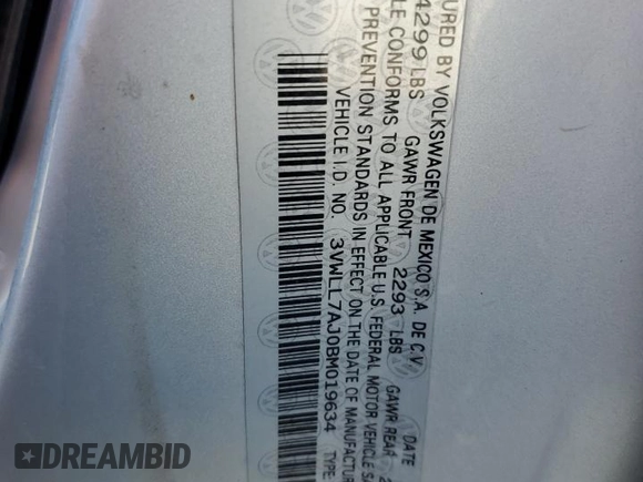 2011 Volkswagen Jetta TDI with VIN 3VWLL7AJ0BM019634, listed as a Copart auction lot 59532754 with Not provided miles and Salvage title. Bid and sale history available at DreamBid. Image 13.