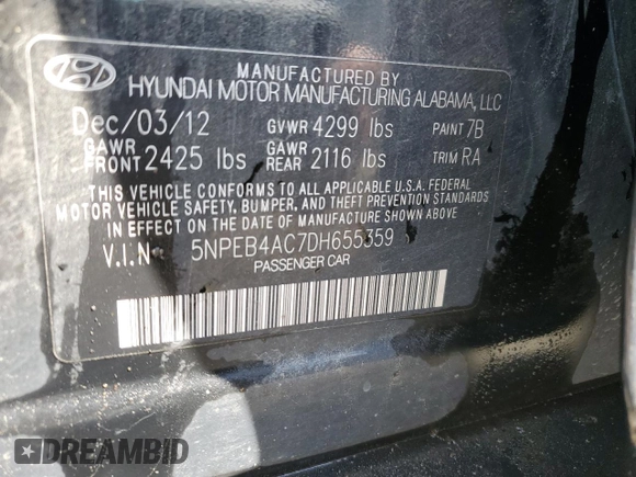 2013 Hyundai Sonata GLS z VIN 5NPEB4AC7DH655359, wystawiony jako Copart lot #60199635 z przebiegiem 142 417 mil mil oraz Czysty tytuł • Clean title. Historia ofert i sprzedaży dostępna na DreamBid. Obrazek 13.