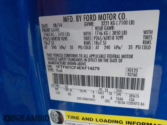2014 Ford F-150 XL with VIN 1FTFW1CF4EKF14279, listed as a IAAI auction lot 42006454 with 104,648 mi miles. Bid and sale history available at carsss.com. Image 9.