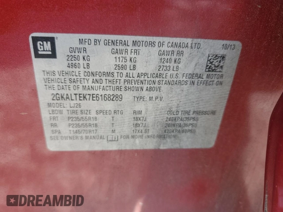 2014 GMC Terrain SLT with VIN 2GKALTEK7E6168289, listed as a Copart auction lot 62081905 with 154,690 mi miles and Salvage title. Bid and sale history available at DreamBid. Image 13.