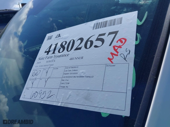 2019 Toyota 4Runner SR5 with VIN JTEBU5JR1K5730492, listed as a IAAI auction lot 41802657 with 60,952 mi miles. Bid and sale history available at carsss.com. Image 17.