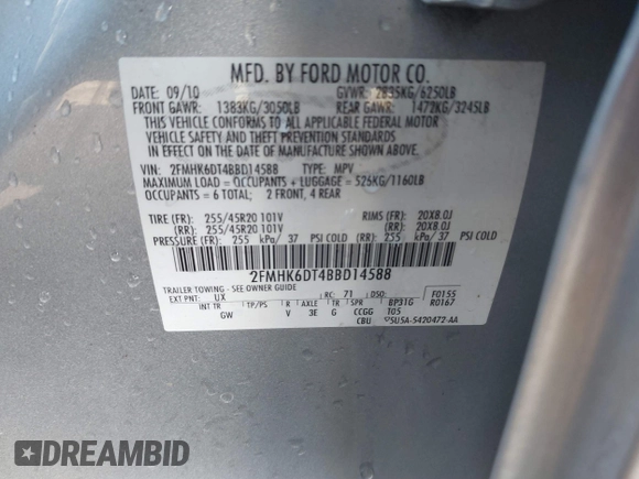 2011 Ford Flex Limited w/Ecoboost with VIN 2FMHK6DT4BBD14588, listed as a IAAI auction lot 41828829 with Not Provided miles. Bid and sale history available at carsss.com. Image 9.