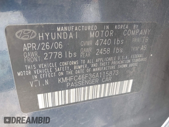2006 Hyundai Azera SE with VIN KMHFC46F36A115873, listed as a IAAI auction lot 42199891 with 206,421 mi miles and . Bid and sale history available at DreamBid. Image 9.