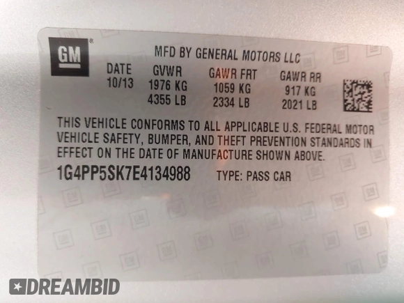 2014 Buick Verano with VIN 1G4PP5SK7E4134988, listed as a IAAI auction lot 42315785 with 64,034 mi miles and . Bid and sale history available at DreamBid. Image 9.