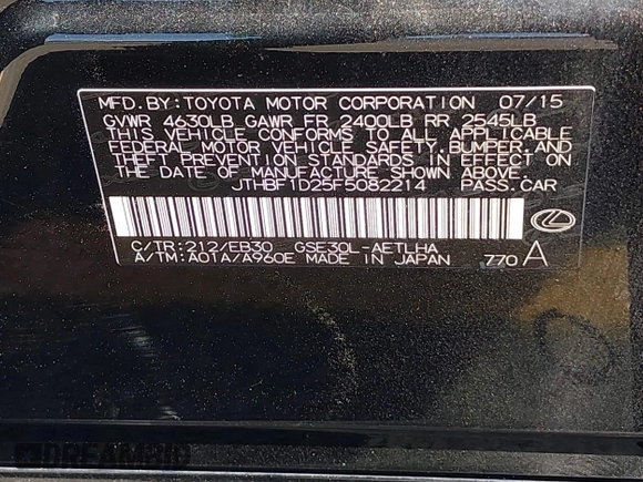 2015 Lexus IS 250 with VIN JTHBF1D25F5082214, listed as a IAAI auction lot 41981824 with 112,115 mi miles. Bid and sale history available at carsss.com. Image 9.